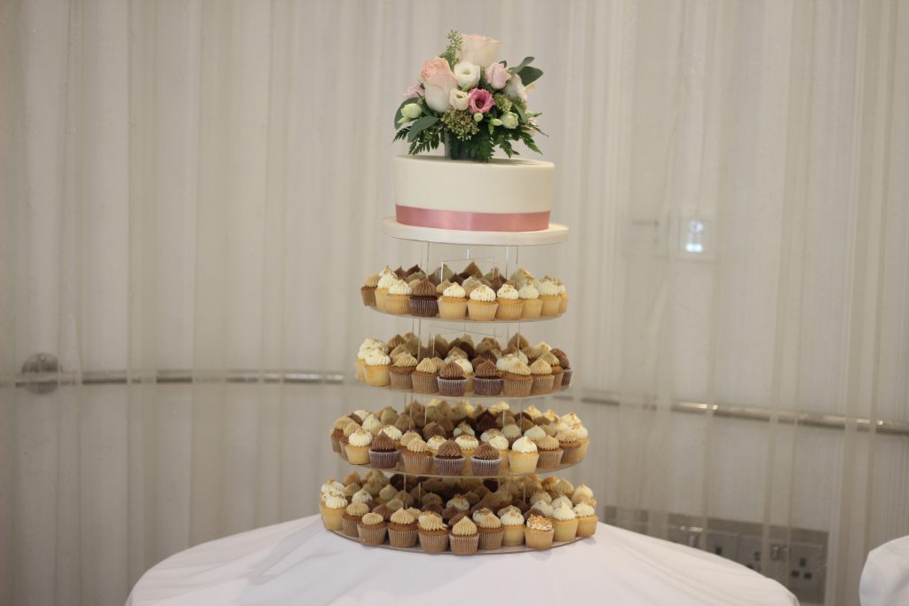 Wedding Cake Cupcake Tower With Cutting Cake And Fresh Flowers