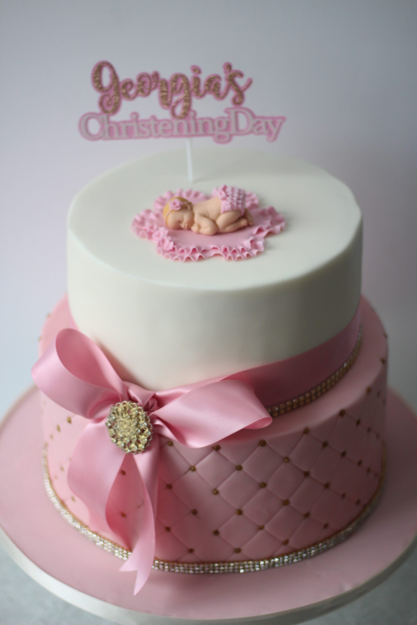 Two Tier Christening Cake With Handmade Baby Topper